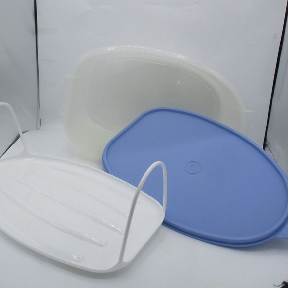 Tupperware Ham /Turkey Flavor Saver 3 Pc Set With White Drip Tray Blue Lid - Picture 3 of 4